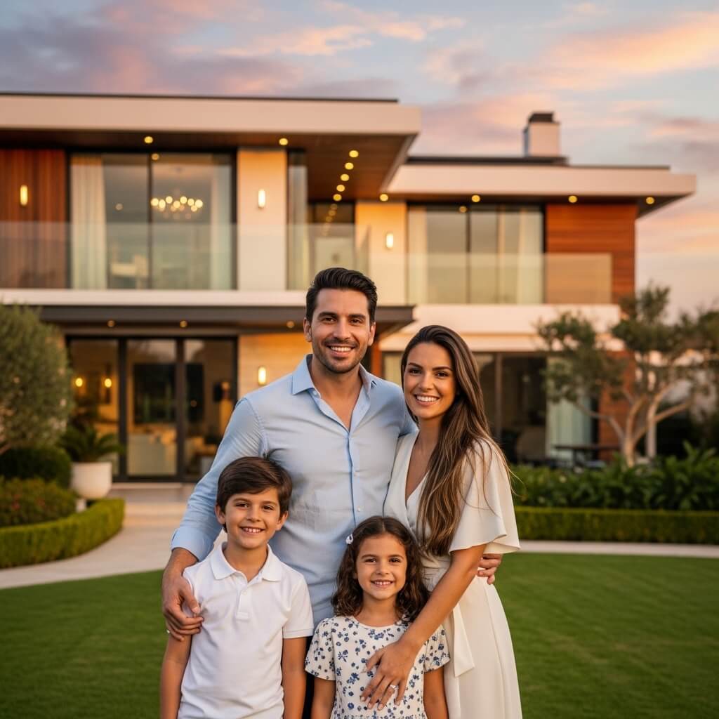 Família em frente à casa entregue pela EAP Construtora