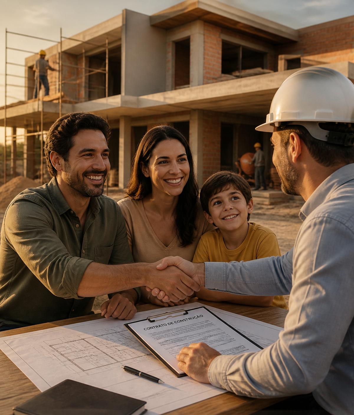 Família fechando contrato com engenheiro da EAP em frente a uma casa em construção